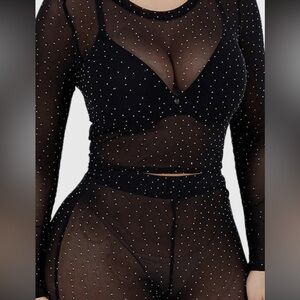 Sheer Leggings Set with Rhinestones Detail